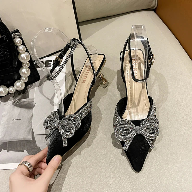 Shiny Crystal Bowtie Pumps Women Fashion Ankle Strap High Heels Party Shoes Woman Summer Pointed Toe Sandals Mujer