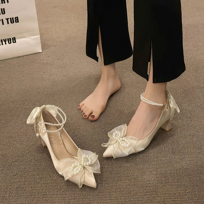 Beige High Heels Retro Women Shoes Sandals Ladies Pointed Pumps 12cm Latest Casual African Toe Bridal Spring Sexy Satin