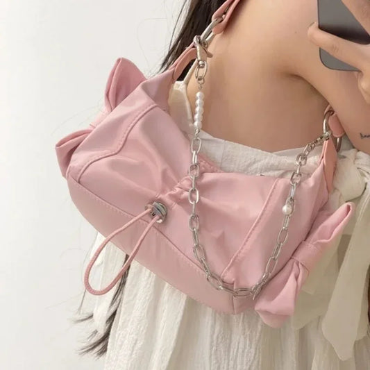 binfenxie Y2k Sweet Cool Shouder Bag for Women Butterfly Pearl Chain Bow Tie Nylon Handbag Solid Color Casual Pleated Underarm Bag