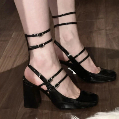 Women's Sandals Summer New Patent Leather Square Toe Buckle Sexy Mary Jane Party Ladies Shoes Luxury Brand Designer Shoes