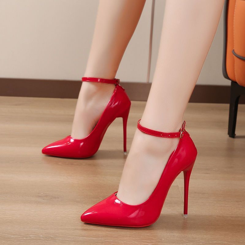 Sexy One Word Buckle High Heels  Summer Fashion 12cm Super Heel Lady Party Pumps Large Pointed Toe Stiletto Women's Shoes 45