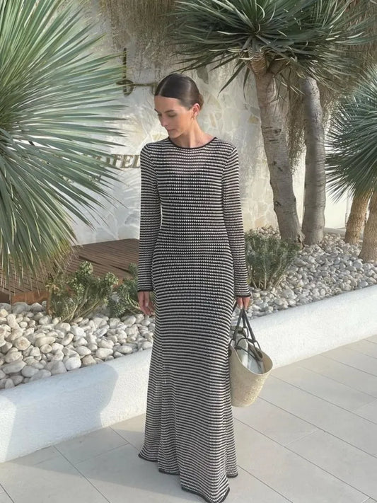 Fashion Striped Knitted Maxi Dress For Women Sexy O-neck Long Sleeve See Through Dresses Summer Lady Chic Beach Vacation Robe