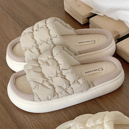 Women Slippers Summer Four Seasons Checked 4cm Thick Soft Sole Linen Slippers Indoor Home Bedroom Couple Floor Slippers