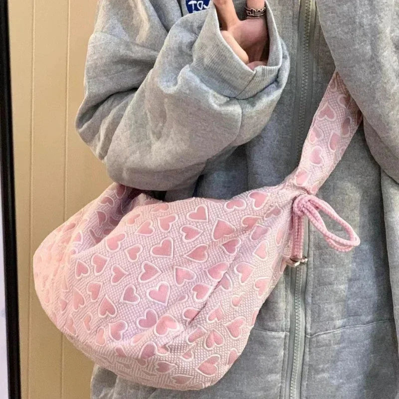 binfenxie Fashion Cute Women Shoulder Bag Heart Printed Korean Style Pink Handbag New Casual Large Capacity Pleated Crossbody Bag