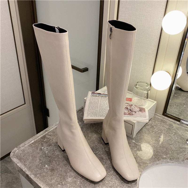 Slim Woman Knight Knee-high Boots Square 6CM Heel Ladies Zippers Fashion Soft Leather Winter Long Boots Shoes For Women