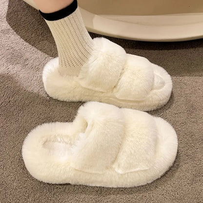 Winter Fluffy Slippers Women New House Home Fur Slippers For Women Flat Platform Cozy Fuzzy Indoor Shoes Korean Slides