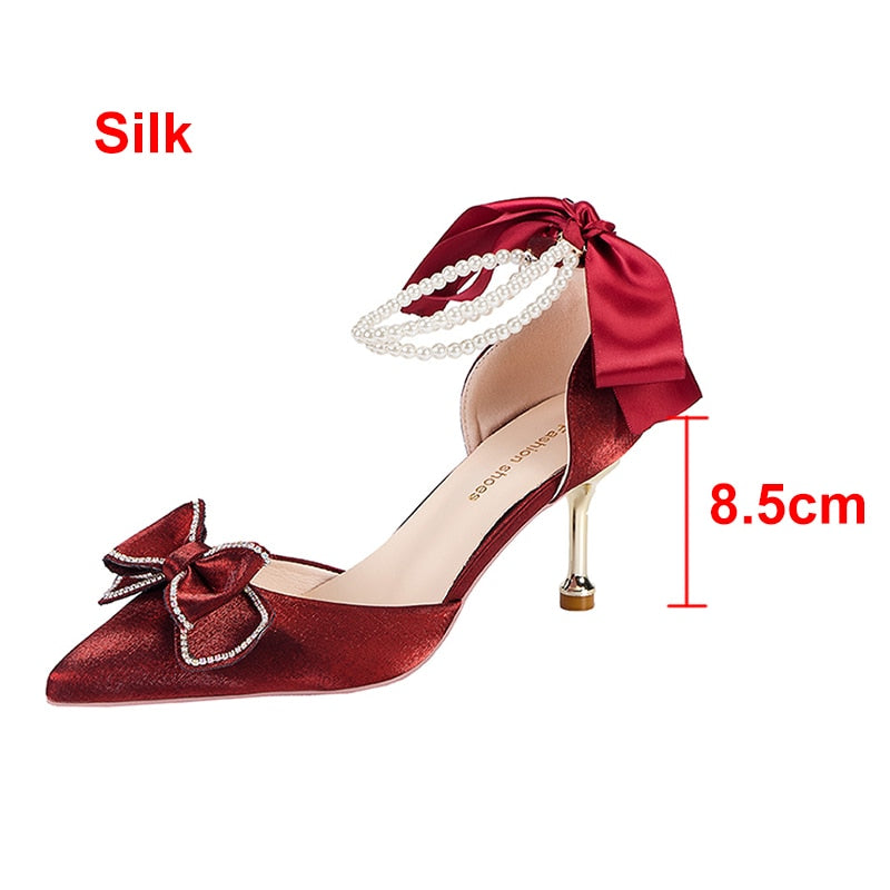 Pearl Ankle Strap Pumps Women Luxury Bowknot Red Dance Shoes Woman Sexy Pointed Toe Velvet Stiletto High Heels