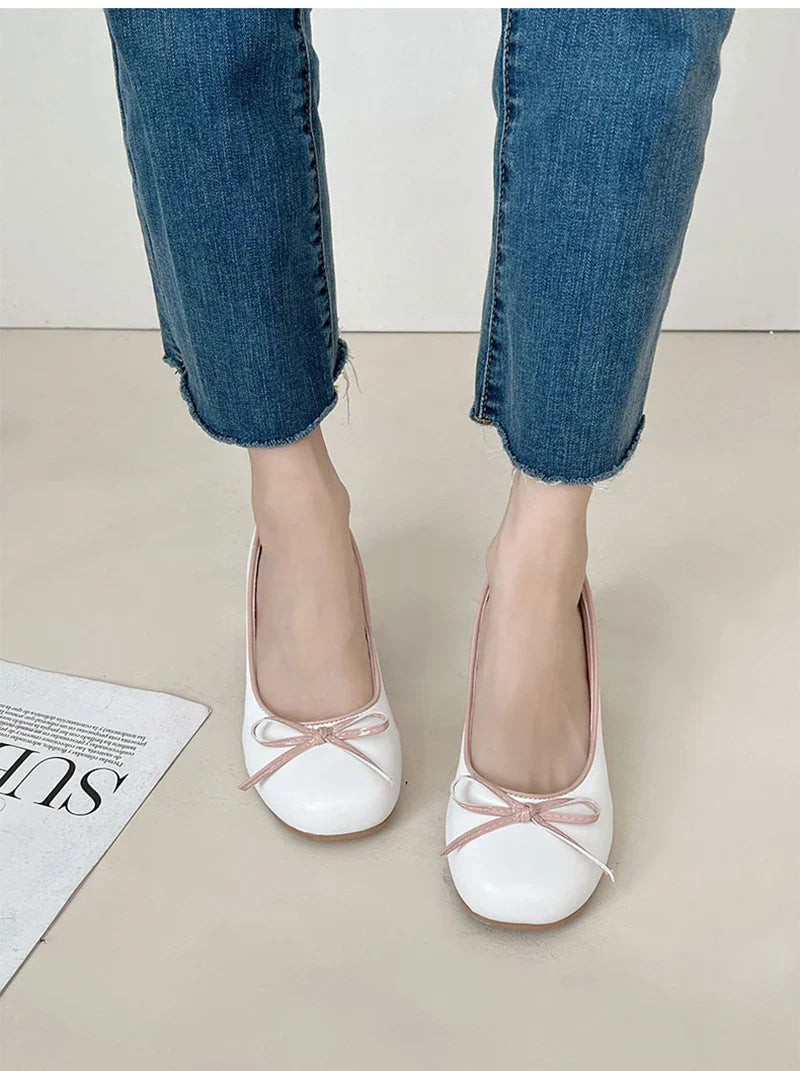 Futurecen Designers Butterfly-knot Women Pumps Fashion Shallow Slip On Thick Low Heel Sandalias Ladies Elegant Outdoor Mary Jane Shoes