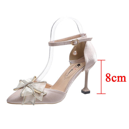 Sexy Thin Heels Ankle Strap Pumps Women Lace Bowknot Wedding Party Shoes Woman Elegant Pointed Toe Silk High Heels Shoes