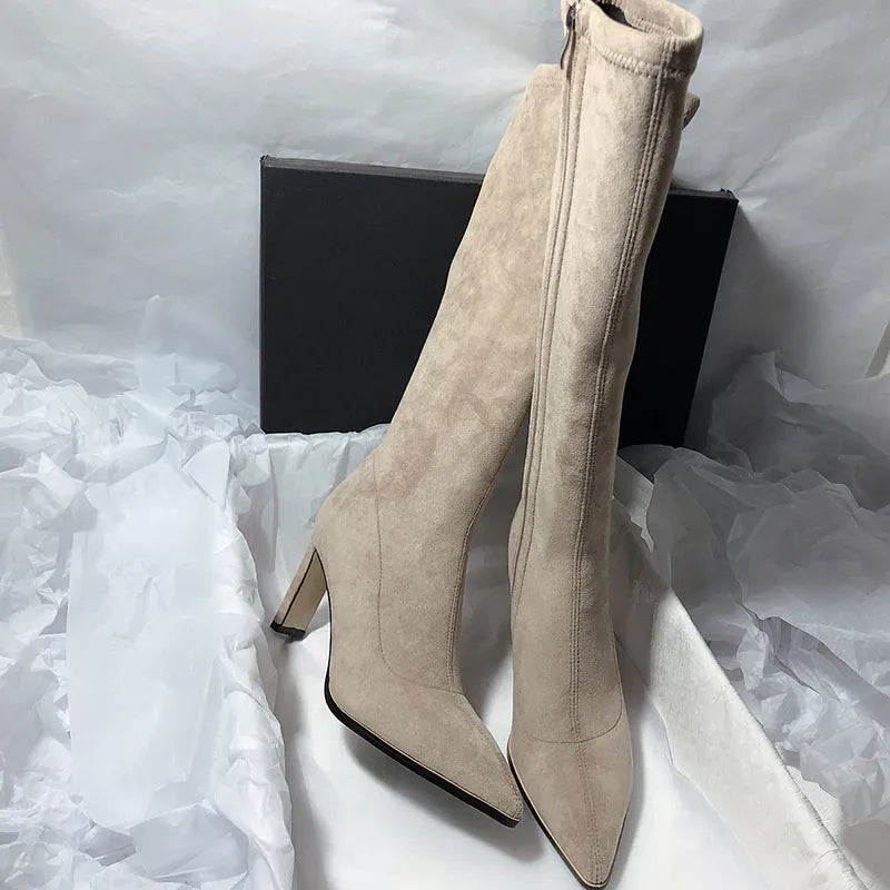 Winter Suede Long Boots Women Shoes Fashion Pointed Toe Knee High Bootties Ladies Sexy Thin High Heel Shoes