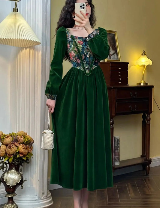 Vintage France Green Velvet Floral Dress for Women Chic Auricular A-line Party Prom Robe Winter Spring Harajuku Clothes