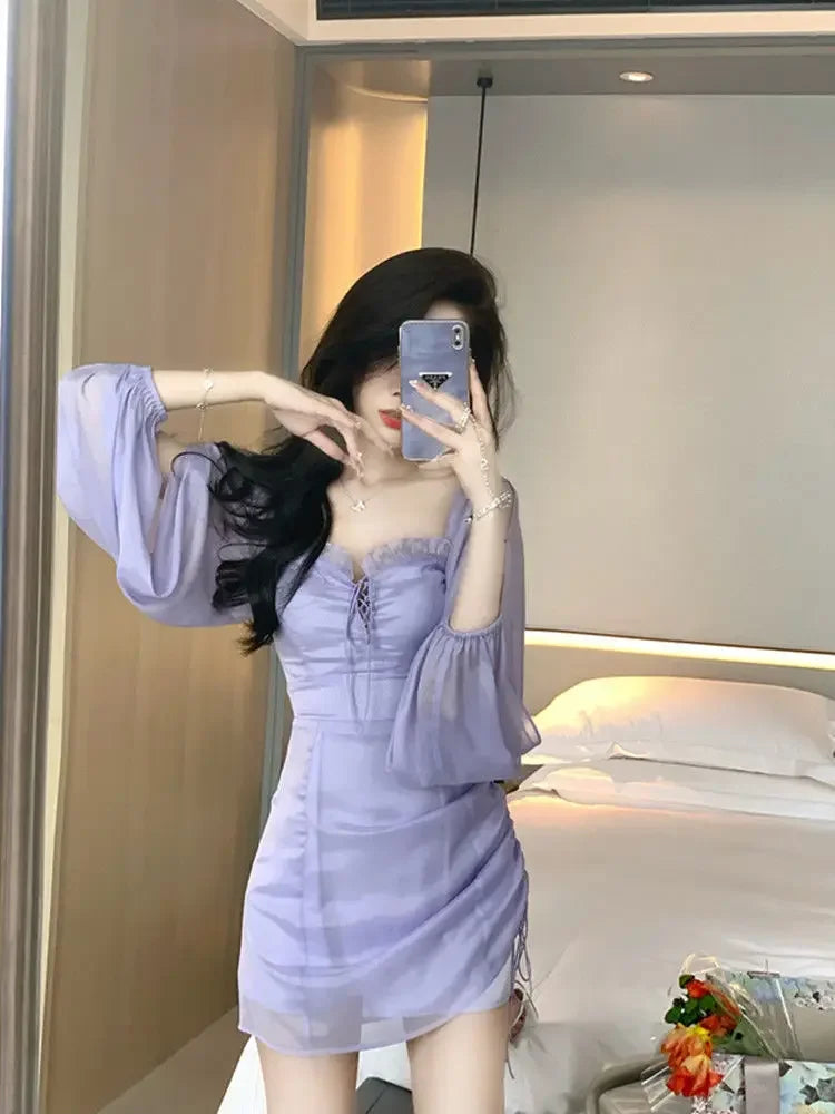 binfenxie Purple Fairy One Shoulder Dress Women New Summer Dress Waist Design Chiffon Ruffled Gauze Skirt Hip Skirt Women Clothing