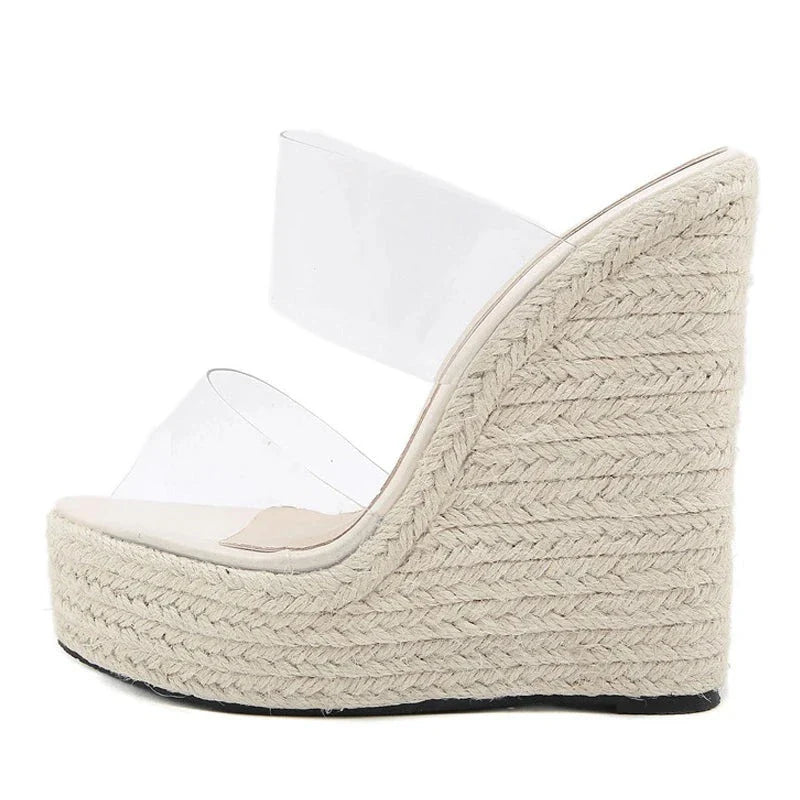 Summer PVC Transparent Peep Toe Cane Straw Weave Platform Women Wedges Slippers Sandals Fashion High Heels Female Shoes