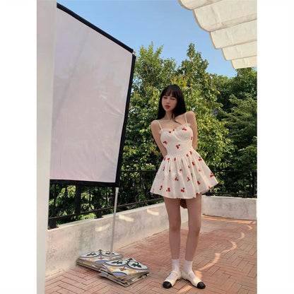 binfenxie White Suspender Dress Summer New Cherry Print Slim High Waist Short Skirt Sleeveless Sexy Female Sling Dress