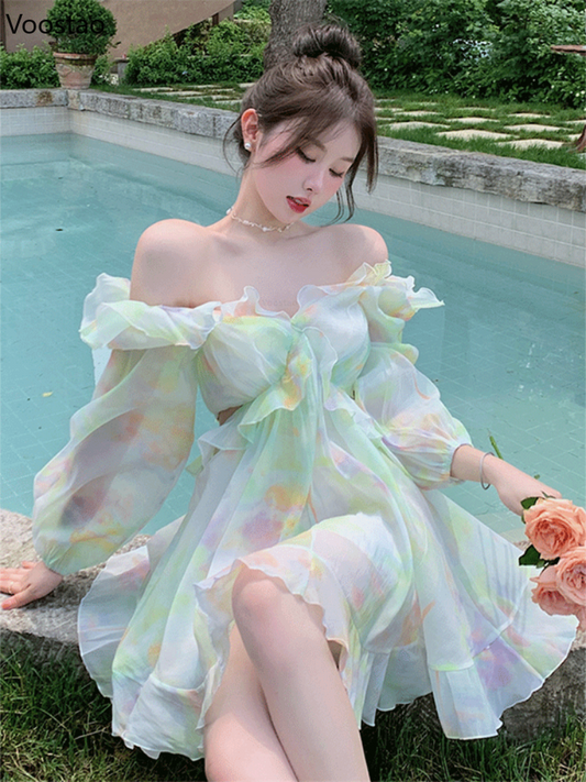 binfenxie France Sweet Tie-dyed Fairy Dress Women Elegant Chic Ruffles V-Neck Long Sleeve Princess Dresses Female Casual Beach Vestidos