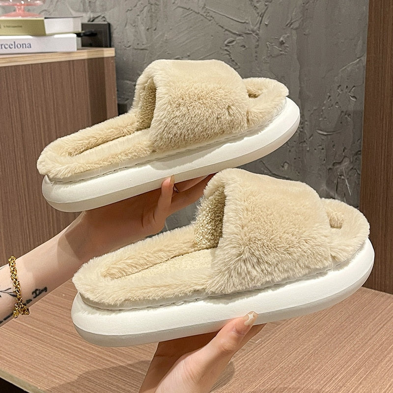 Fluffy Fur Home Slippers Women Winter  Non-slip Indoor Floor Shoes Thick Bottom Home Cotton Furry Slippers Flip Flops