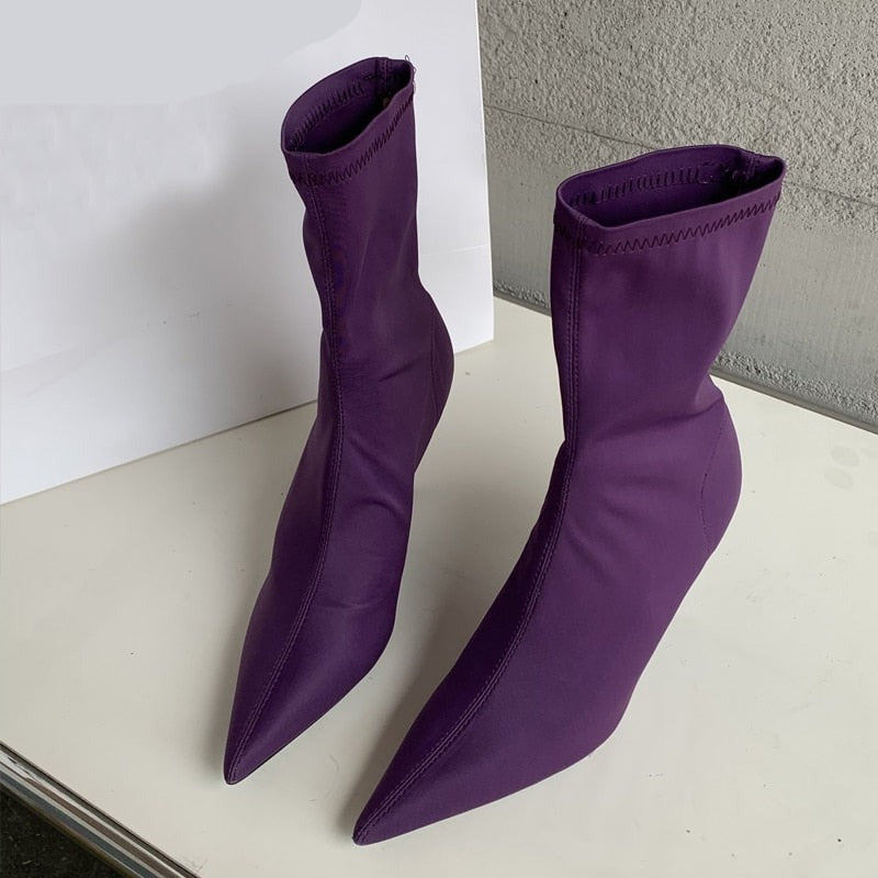 Spring Autumn Stretch Fabric Women Ankle Boots Sexy Pointed Toe High Heels Fashion Female Socks Pumps Shoes