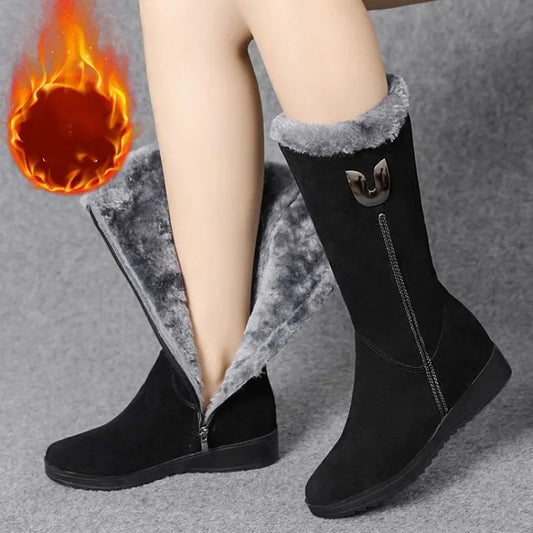 Winter Warm Chelsea High Fur Boots Women  Shoes for Women Chunky Mid-calf Plush Snow Flat Boots ZIP Fashion Botas Mujer