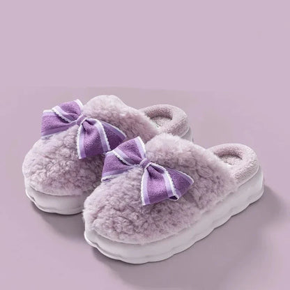 Women's Designer cute Home Platform Shoes  Winter Elegant Warm Furry Bow Slippers Causal Comfort House Bedroom Shoes Slides