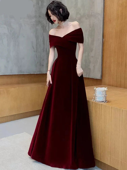 Lautaro Spring Long Luxury Elegant Wine Red Soft Velvet Evening Party Wedding Dresses for Women  Off Shoulder Maxi Dress