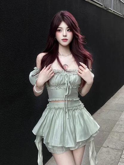 New In Dresses Green White Two-piece Fairy Dress korean Fashion Pleated High Waist bodycon Sexy Summer Dress Women