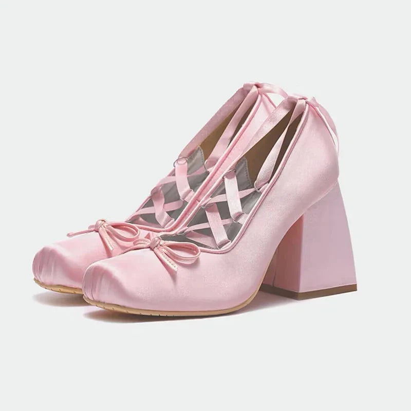 Futurecen Pink Silk Cross-strap Ballet Shoes Sweet Girl Square Toe High Heels Women Pumps Elegant Ladies Bowknot Lace Up Lolita Shoes New