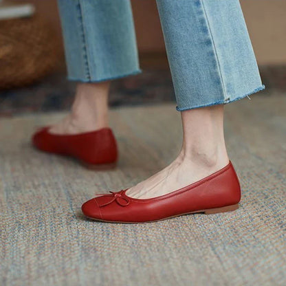 Women's Summer Footwear With Bow Red Shoes For Woman Round Toe Flat Flats Normal Leather Casual Young On Sale Offer Fashion