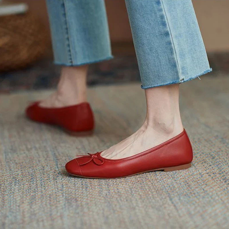 Women's Summer Footwear With Bow Red Shoes For Woman Round Toe Flat Flats Normal Leather Casual Young On Sale Offer Fashion