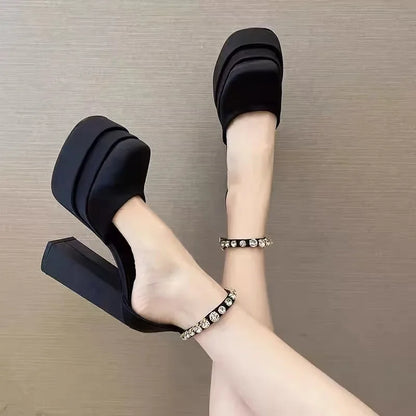 Futurecen Silk Square Heel Pumps  High Quality High Heel Ladies Shoes Round Toe Casual Buckle Strap Fashion Platform Solid Pumps