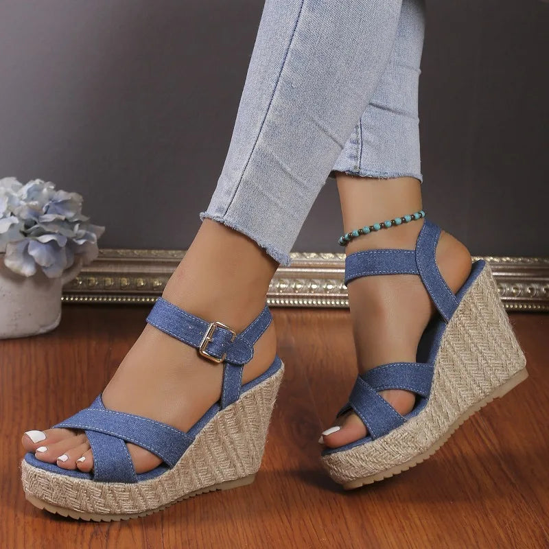 Women's Sandals Summer New Women's Shoes Fashion Denim Rope Wedge Sandals Women