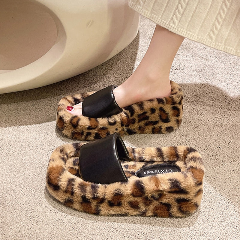 Shoes Slippers Flat Platform Women Heels Fur Flip Flops Slides On A Wedge Pantofle High Plush Soft 2022 Leopard Rome PU Fabric l