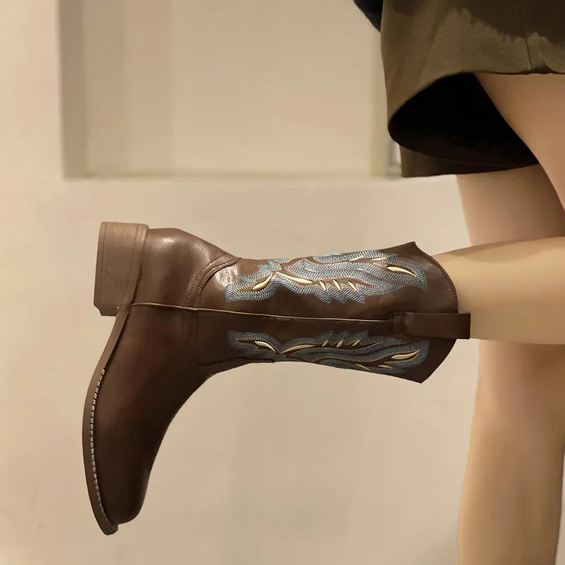 Embroidered Western Boots for Women  Autumn Winter PU Leather Mid-Calf Boots Woman Thick Heeled Cowboy Booties Female