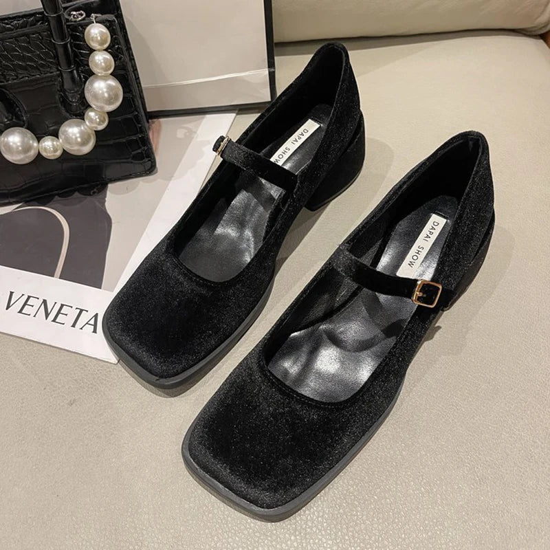 Futurecen  2024 Spring Square Toe Women's  Mary Jane Shoes Fashion Elegant Thick Heel Footwear Ladies College Style Pumps Shoes