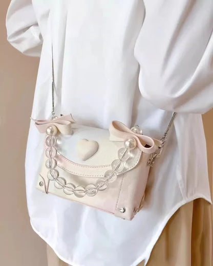 binfenxie Sweet Pink Messenger Bag Women Fairycore Aesthetic Handle Pearl Chain Crossbody Bags Ladies Harajuku Heart Y2k Hand Bag