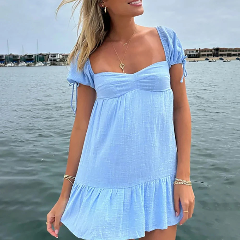 binfenxie DRESS TO IMPRESS Summer Mini Dress For Women Clothing Solid Color Seaside Vacation Casual Mini Skirt Fashion Streetwear Ladies Costume Dresses