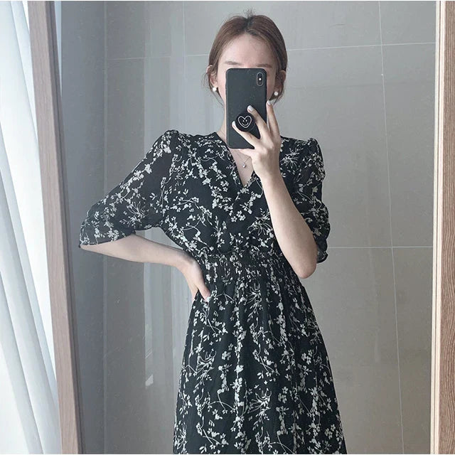 binfenxie Vintage Korea Fashion Clothing Summer Slim Elastic Waist A Line V Neck Elegant Office Lady Floral Chic Chiffon Long Dress Retro