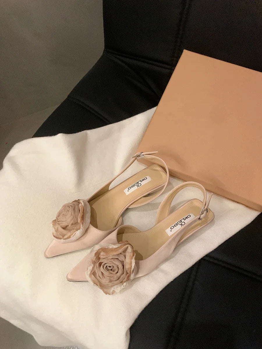 Futurecen New Flower Designer Sandals Women Elegant Satin Mule Shoes Summer Pointed Toe Pumps Low Heel Flowers Slingback Sandals Female