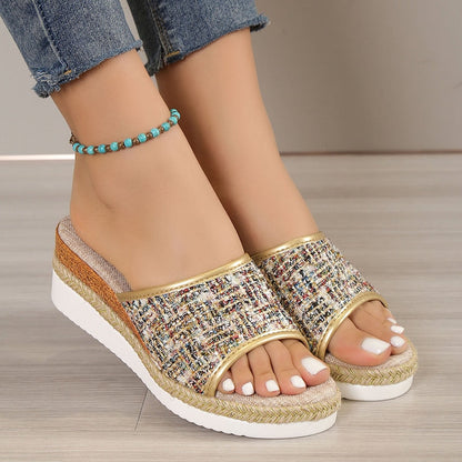 Fashion Striped Platform Slippers Women Summer Canvas Wedge Sandals Woman Plus Size Non Slip Casual Slippers