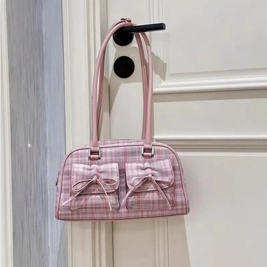 binfenxie Pink Elegant Womens Shoulder Bag Plaid Bow Vintage Leather Cute Leather Handbag Casual Sweet Bow Exquisite New Armpit Bag