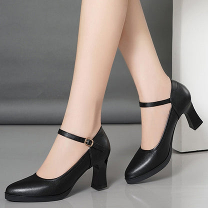 Lucyever Ankle Strap Thick Heels Pumps for Women Pu Leather Office High Heel Shoes Woman Elegant Platform Mary Jane Shoes