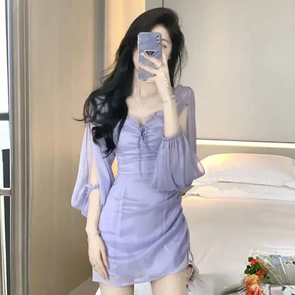 binfenxie Purple Fairy One Shoulder Dress Women New Summer Dress Waist Design Chiffon Ruffled Gauze Skirt Hip Skirt Women Clothing