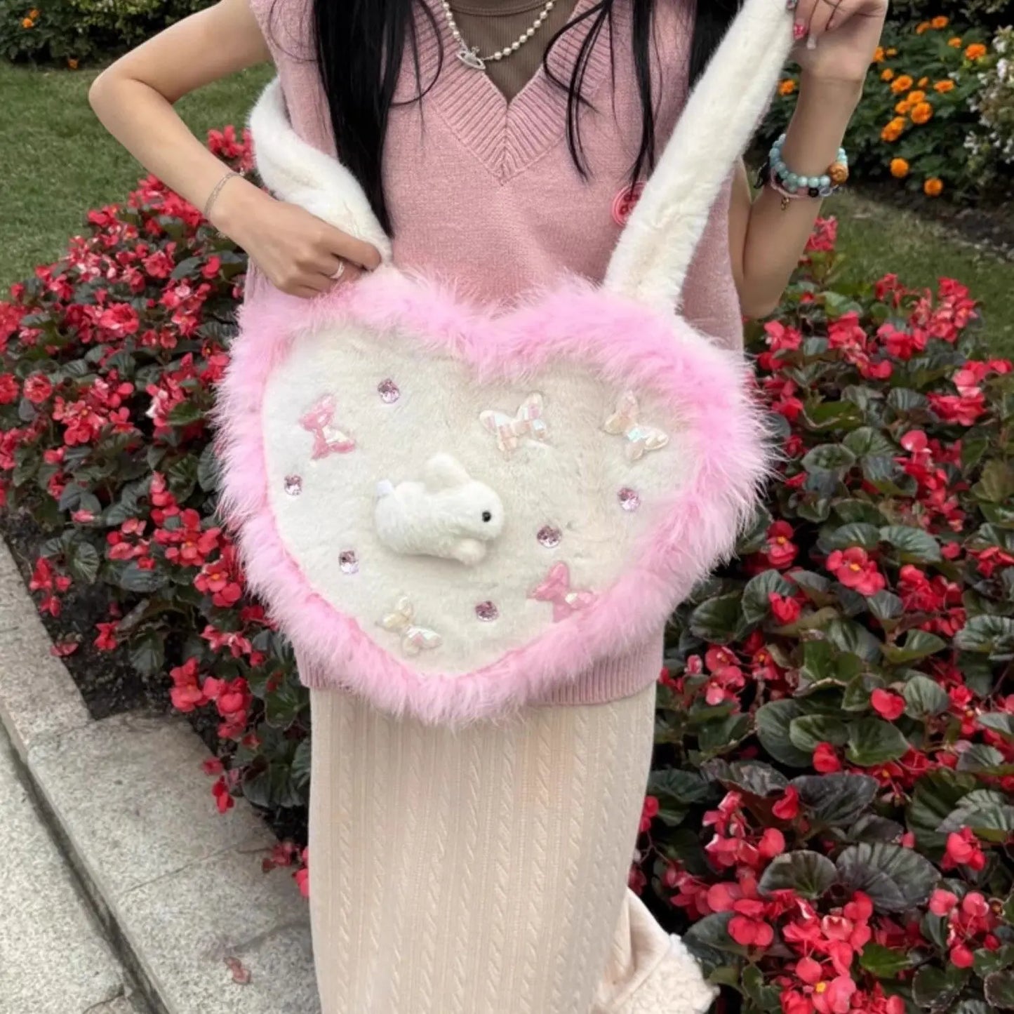 binfenxie  -  fancy bags Y2k Girls Heart Crossbody Bag Korean Fashion Cute Fluffy Shoulder Bag Designer Plush Rabbit School Bags Winter Kawaii Handbag