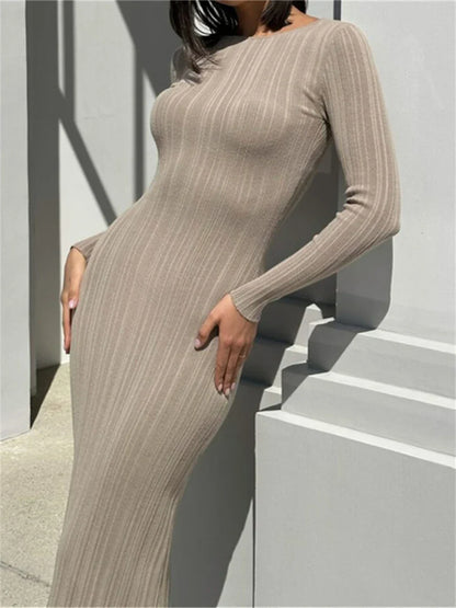 binfenxie Fall Casual Knit Ribbed Bodycon Long Dress Simple Style Solid Color Long Sleeve O Neck Wrapped Pencil Dress Street Party