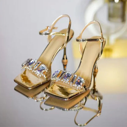 Gold Silver High Heels Sandals Women Summer Square Toe Shiny Crystal Sandals Woman Ankle Straps Thin Heel Party Pumps Shoes