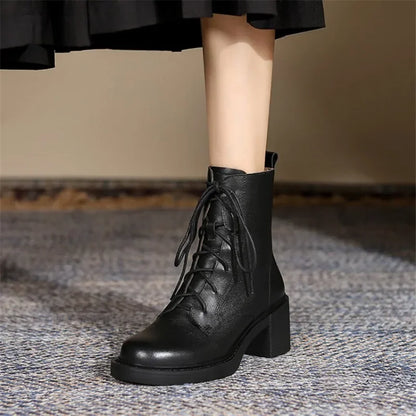 Winter Genuine Leather Women Boots Round Toe Thick Heel Lace Up Fashion Ankle Boots Retro Boots  Platform Shoes Heels Grown