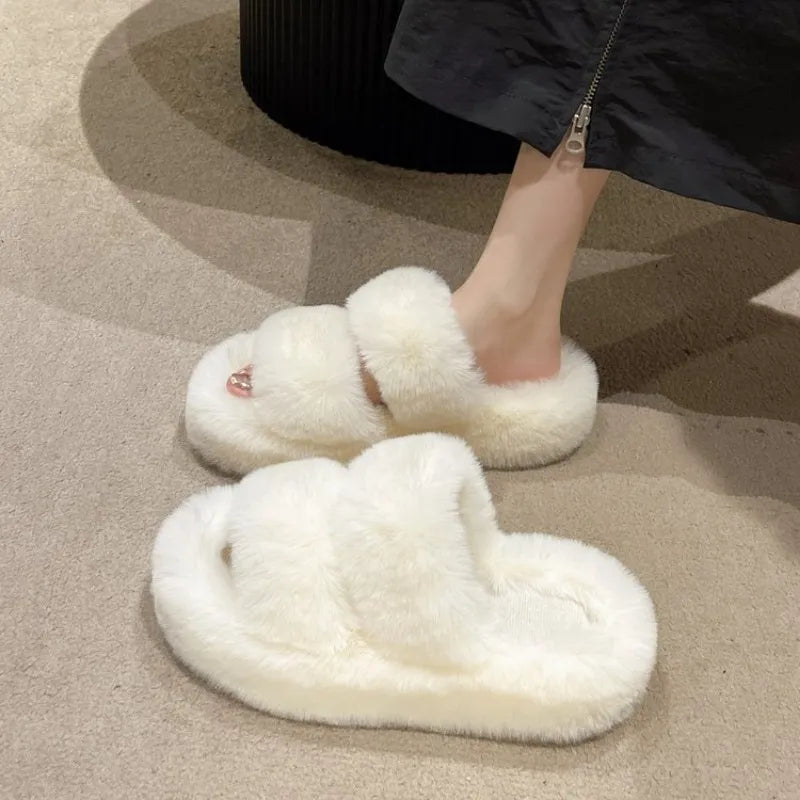 Women Thicken Plush Fur Slippers Winter Slip on Chunky Platform Loafers Mules Woman Thick Bottom Cotton Slippers Flip Flops