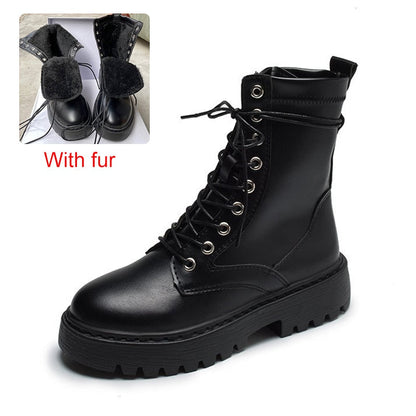 White Black PU Leather Ankle Boots Women Autumn Winter Round Toe Lace Up Shoes Woman Fashion Motorcycle Platform