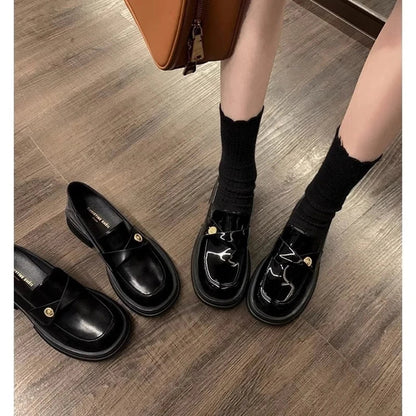 Women Low Heels Shoes Small Gold Coin Decorative Buckle Black Small Leather Shoes Outdoor Platform Loafer 2023 Female Versatile