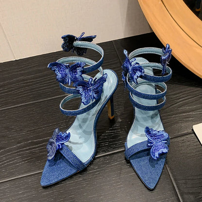 binfenxie  High Quality Embroidery Butterfly Ankle Strap Sandals Women Sexy Pointed Toe Gladiator Heels Summer Party Dress Shoes Blue