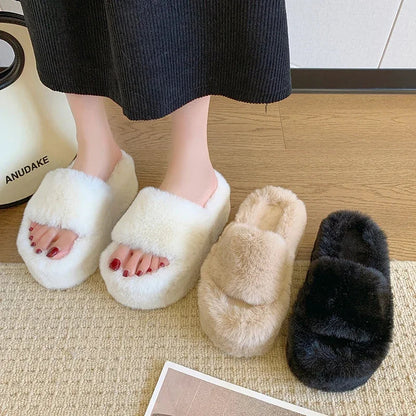 New Summer Fur Chunky Slippers Women Fashion Open Toe Platform Flats Heels 7cm Female Summer Comfort Beach Slides Shoes